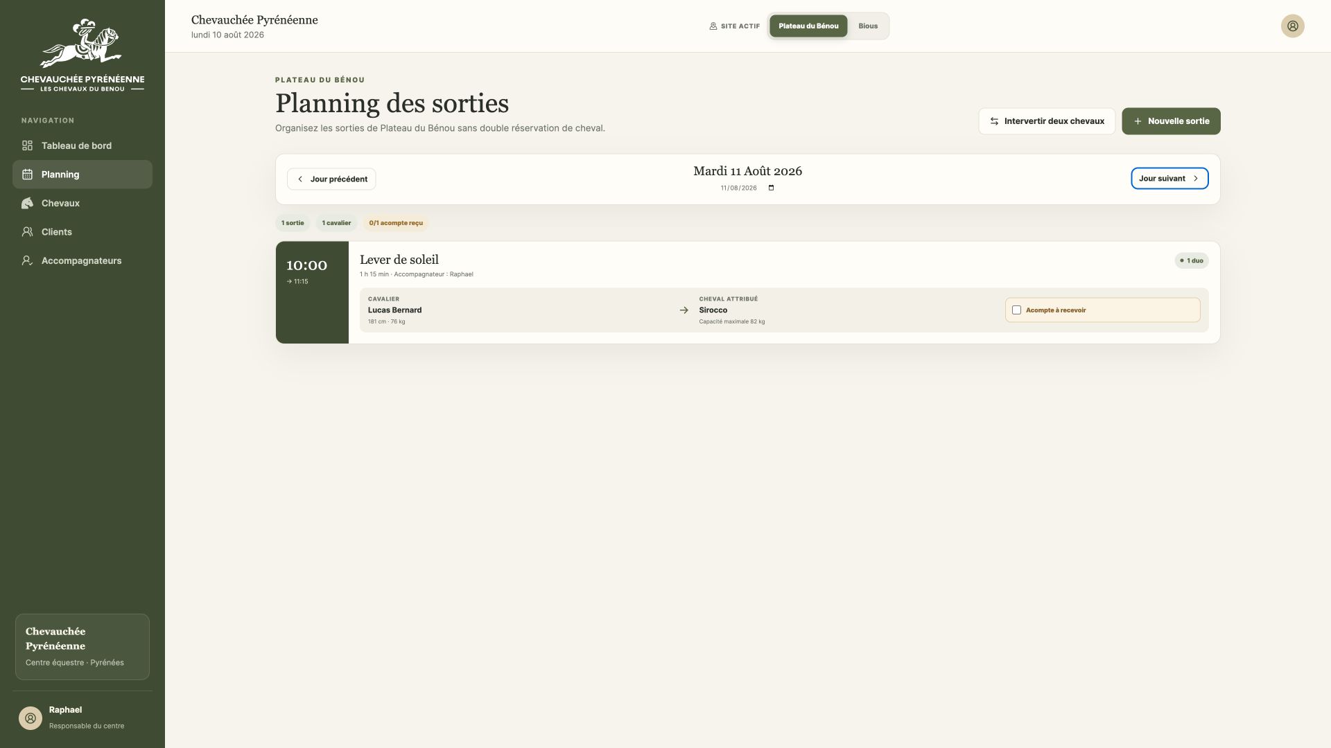 Planning journalier avec cavalier, cheval et suivi d’acompte