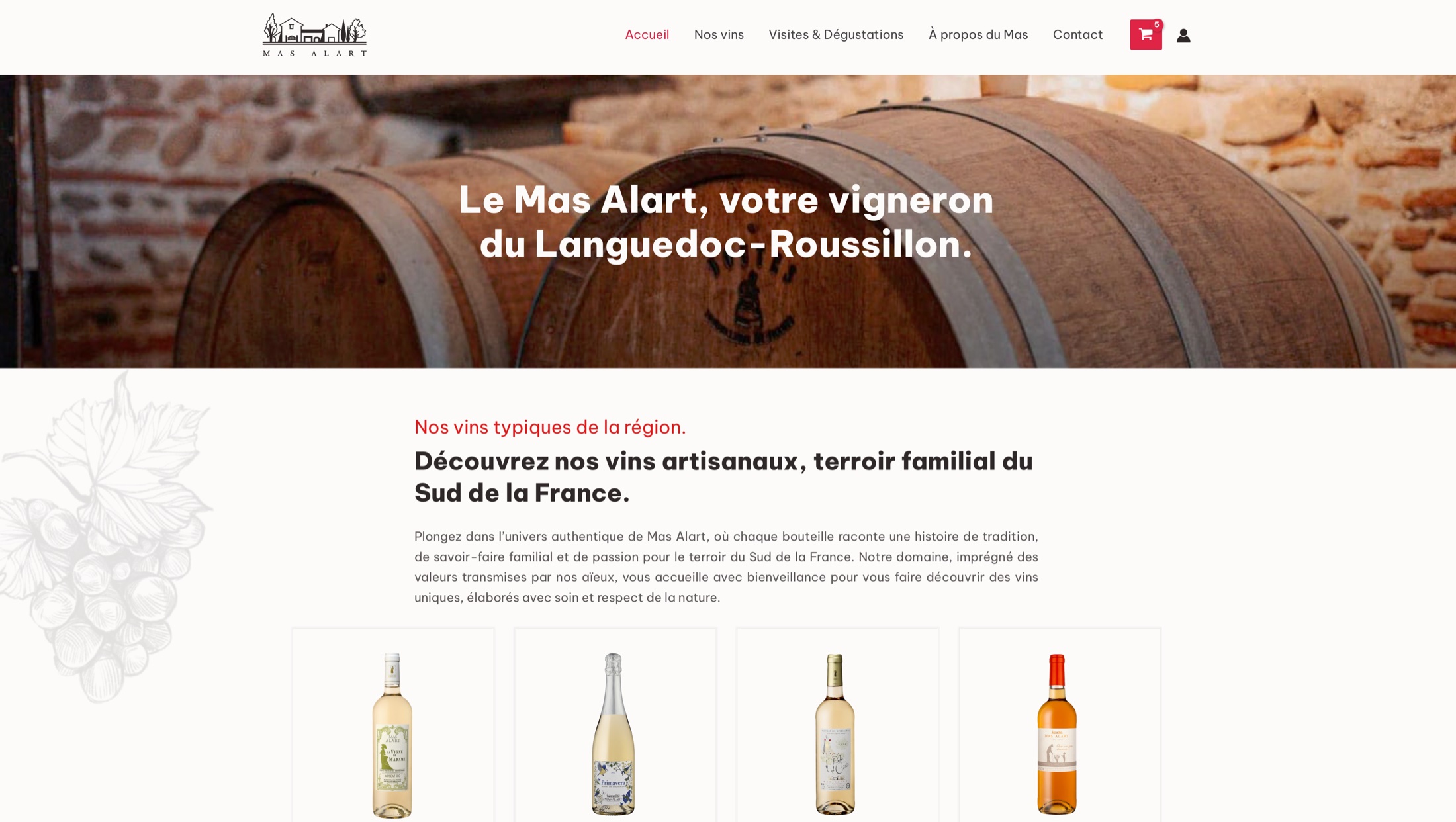 Page d’accueil du site e-commerce du Mas Alart présentant le domaine et ses vins